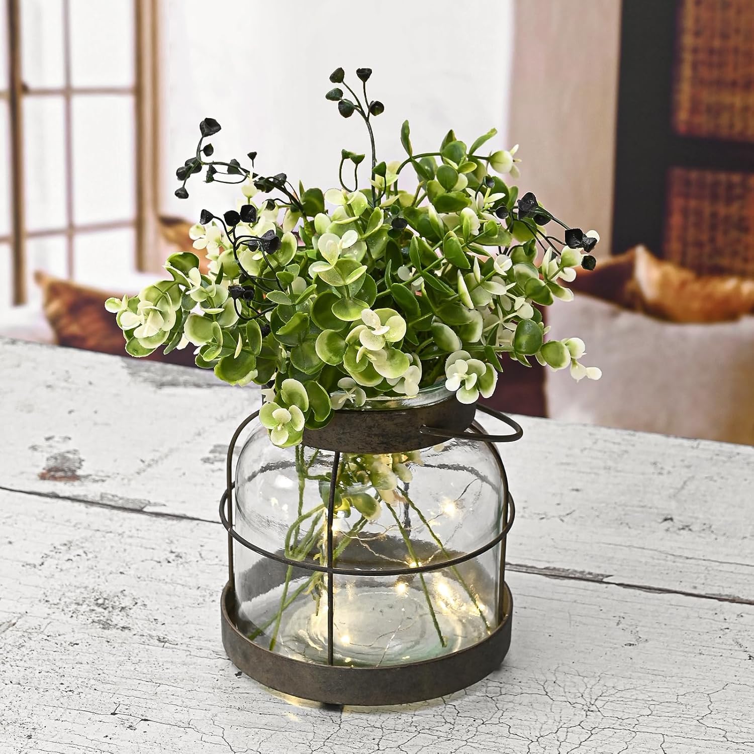 Vintage Glass Farmhouse Vase, Rustic Lantern Decor with Plants Flowers Lights Vintage Style Vases for Home Decor Floral Arrangement Hostess Gift