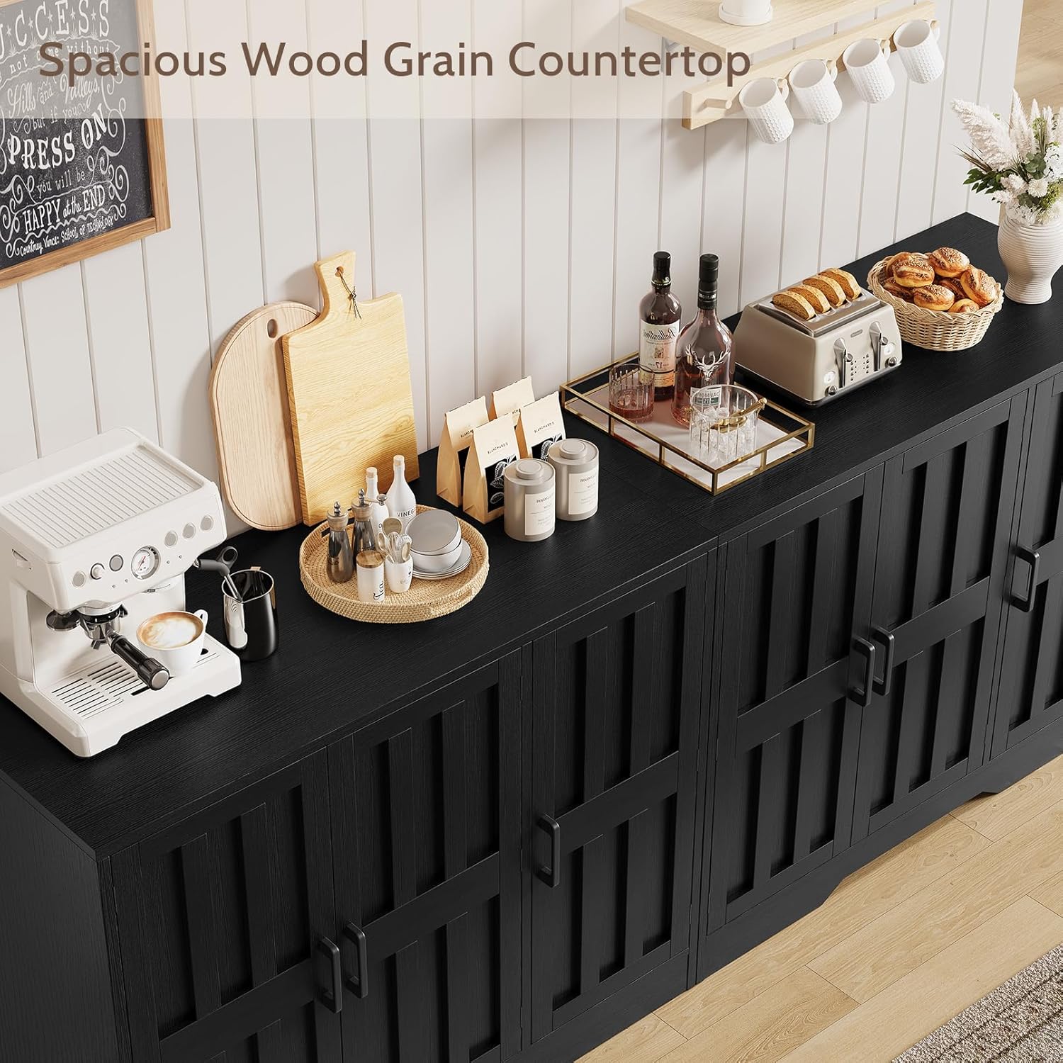 Modern Farmhouse Buffet Cabinet with Storage, 85" Large Sideboard Storage Cabinet with 6 Barn Doors, Coffee Liquor Bar Cabinet Wood Table Credenza with Adjustable Shelf for Kitchen Dining Living Room