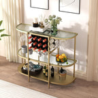 O&K FURNITURE Home Bar Table with Wine Racks, 3 Tier Wine Bar Table with Glass Holders, Wine Cabinet with Open Shelf, Liquor Bar Coffee Bar Table for Living Room Kitchen, Gold