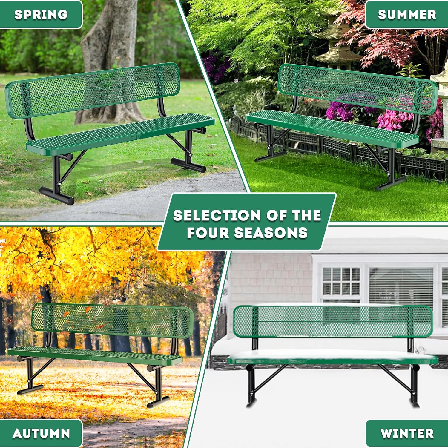 6FT/72INCH Heavy Duty Metal Park Bench for Outside, Outdoor Garden Benches with Backrest & Portable Frame, Expanded Metal Mesh Bench for Shopping Malls, Lawn, Park, Deck, Patio, Porch, Green
