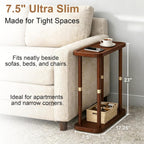 Narrow Side Table, 2-Tier Solid Wood Slim End Table for Small Spaces, 7.5-Inch Skinny Nightstand with Tray Top Storage Shelf for Bedroom, Living Room, Sofa Side, Red Brown