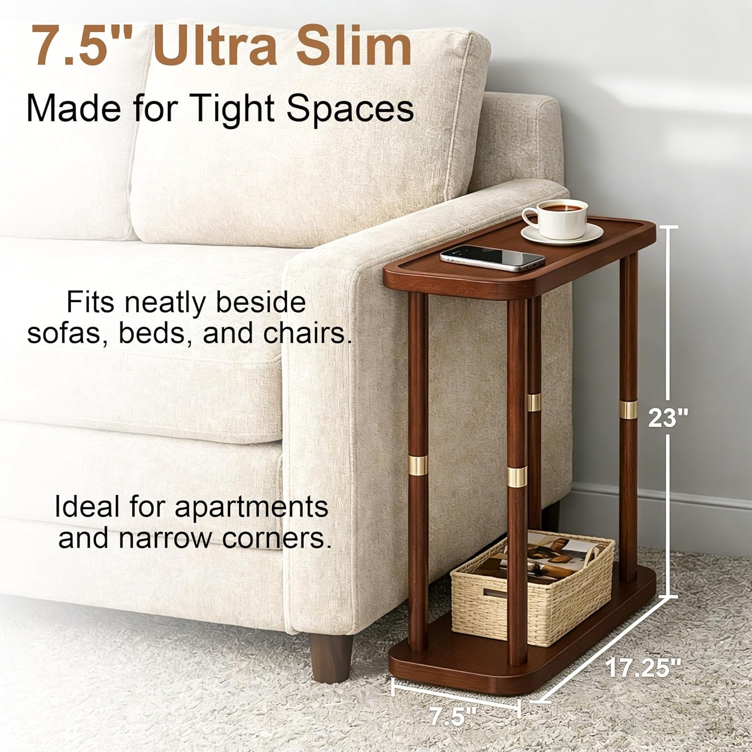Narrow Side Table, 2-Tier Solid Wood Slim End Table for Small Spaces, 7.5-Inch Skinny Nightstand with Tray Top Storage Shelf for Bedroom, Living Room, Sofa Side, Red Brown