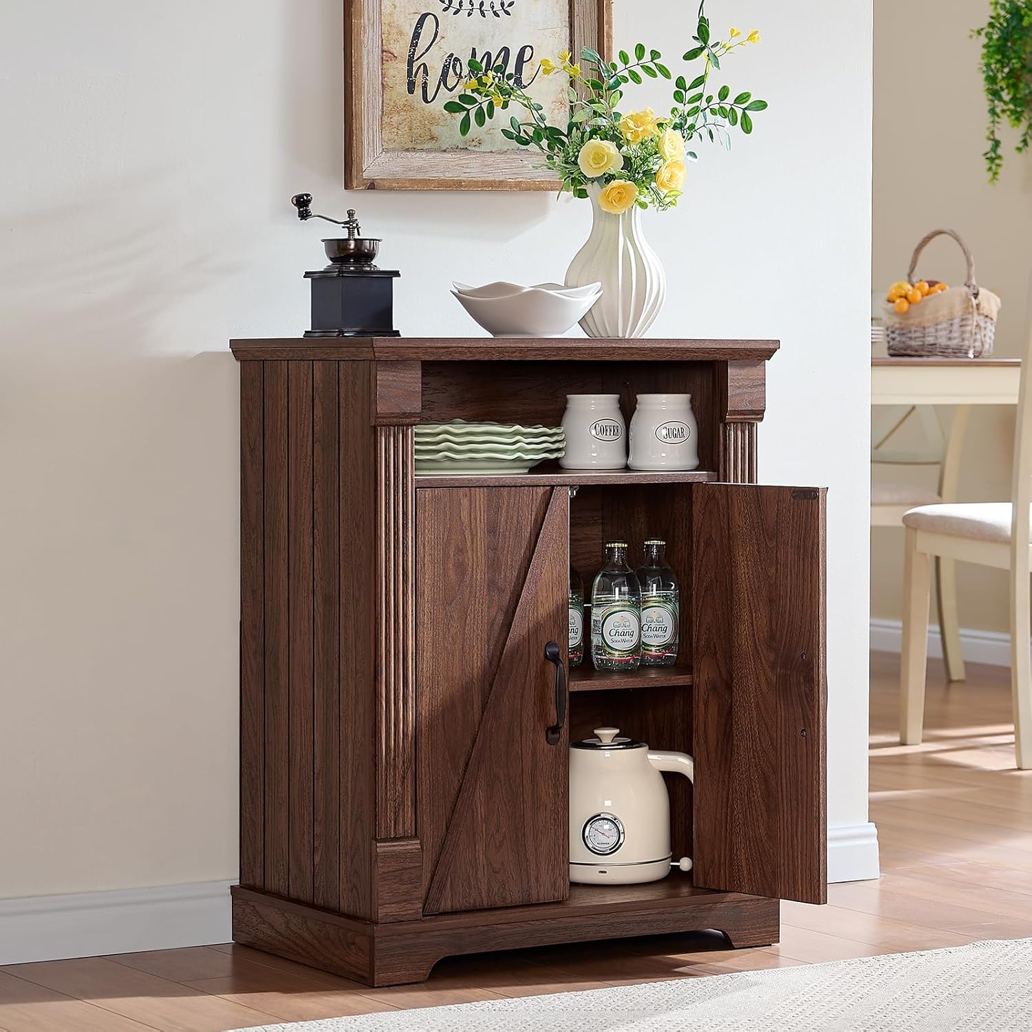 BuildHom 24" Farmhouse Storage Cabinet – Walnut Freestanding Buffet Sideboard with Barn Doors, Adjustable Shelf, Small Coffee Bar for Kitchen, Bathroom & Living Room