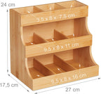 Relaxdays Tea Organiser, 9 Compartments, Bamboo, HxWxD: 24 x 27 x 17.5 cm, Bags & Coffee Pads, Storage Rack, Natural