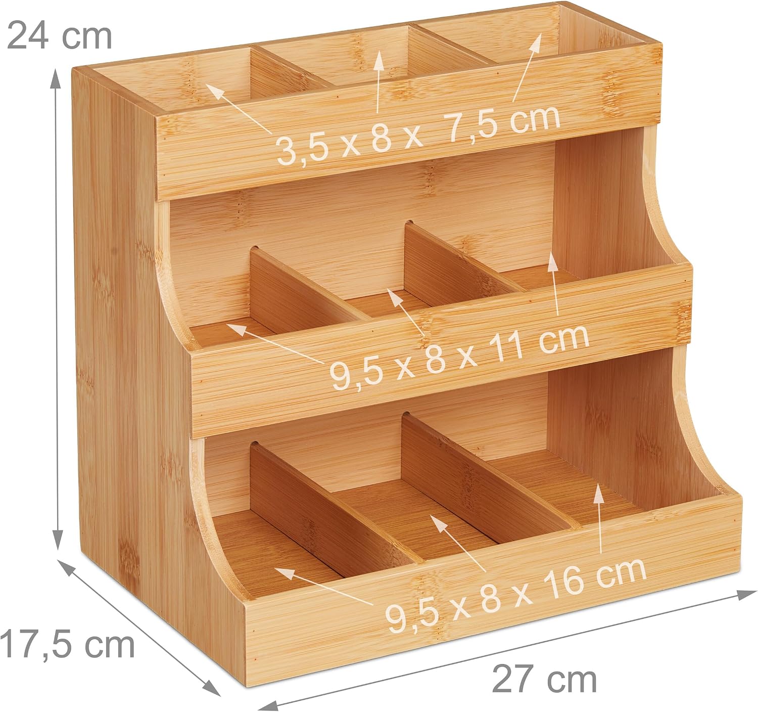 Relaxdays Tea Organiser, 9 Compartments, Bamboo, HxWxD: 24 x 27 x 17.5 cm, Bags & Coffee Pads, Storage Rack, Natural