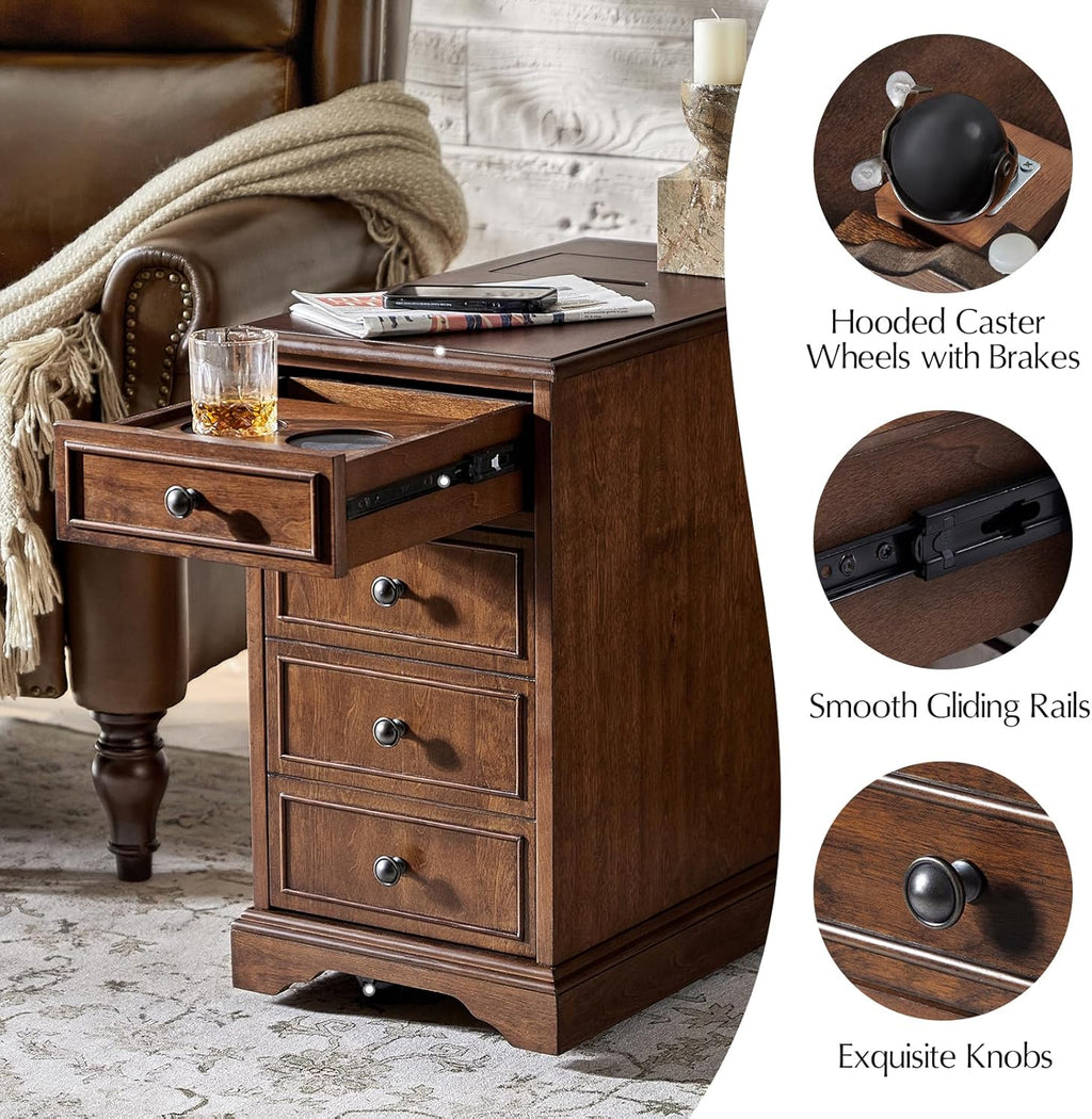 HULALA HOME Narrow End Table with Tray for Cups, Movable with Casters, Wood Traditional Bedside Table, Nightstand with Charging, Walnut