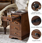 25" Tall Traditional End Table with Rolling Casters & Charging Station, Wooden Side Table with Cup Holder Tray, Openable Magazine Rack & Adjustable Shelves, Walnut