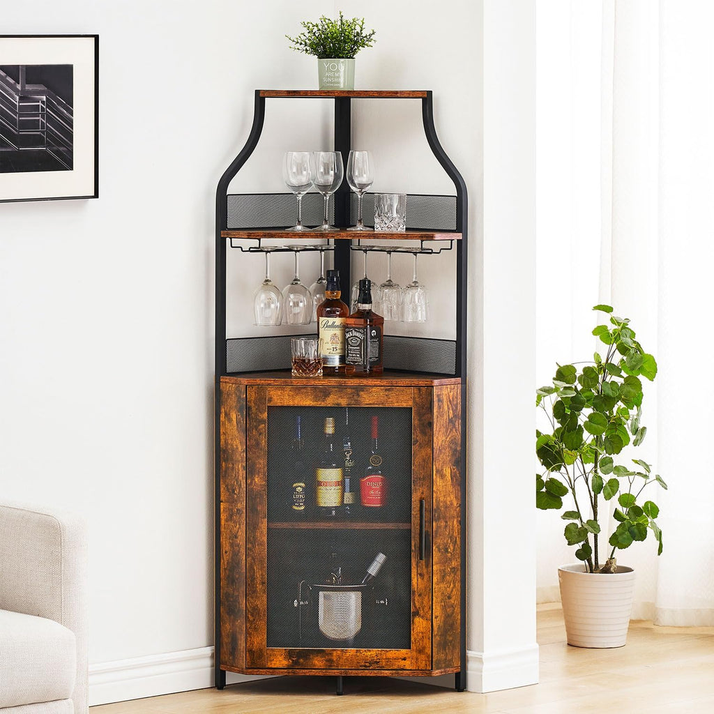 IDEALHOUSE Corner Wine Cabinet with Removable Wine Rack, Industrial Wine Cabinet with Glass Holder and Mesh Door, Liquor Coffe Bar Cabinet with Adjustable Shelves, Rustic Brown