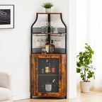 IDEALHOUSE Corner Wine Cabinet with Removable Wine Rack, Industrial Wine Cabinet with Glass Holder and Mesh Door, Liquor Coffe Bar Cabinet with Adjustable Shelves, Rustic Brown