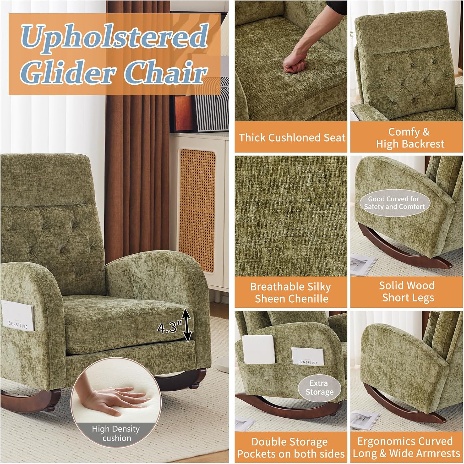 VINGLI Chenille Low Seat Rocking Chair,Upholstered Nursery Glider Chair with Side Pockets,Accent Arm Chair with High Backrest,Comfy Head Rest,Solid Wood,for Living Room Bedroom Balcony,Olive Green