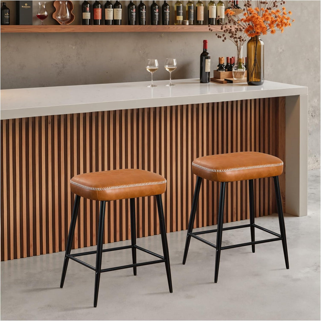 STOOLINK 24 Inch Bar Stools Set of 2, Counter Height Bar Stool for Kitchen Island, Metal Bar Stools for Counter, Modern Kitchen Stools with Sturdy Metal Base and Adjustable Foot Pins, Brown