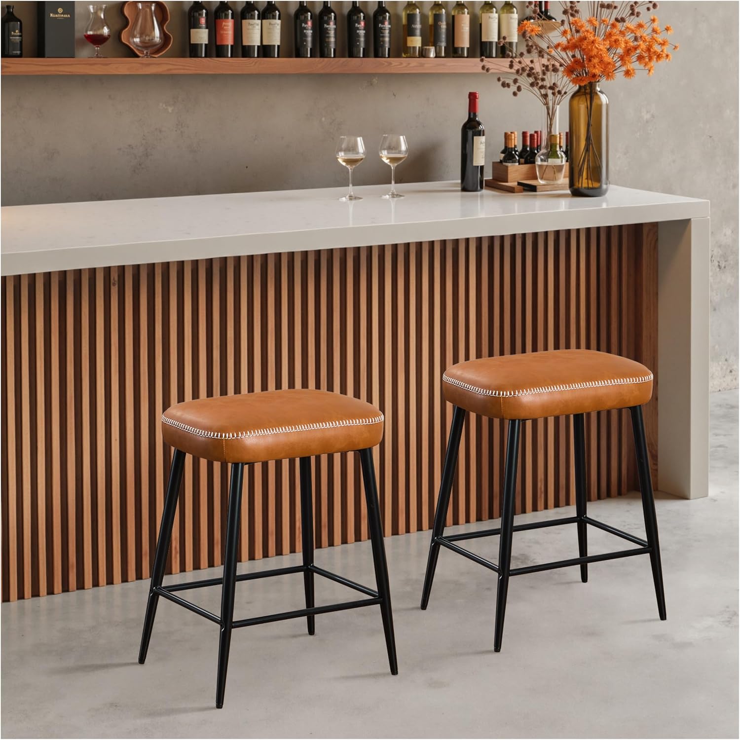 STOOLINK 24 Inch Bar Stools Set of 2, Counter Height Bar Stool for Kitchen Island, Metal Bar Stools for Counter, Modern Kitchen Stools with Sturdy Metal Base and Adjustable Foot Pins, Brown