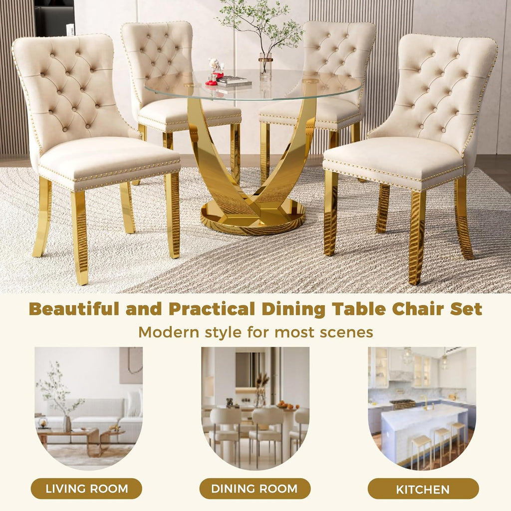 47.2 Inch Round Glass Dining Table Set for 4, Modern Round Dining Room Set with Gold Steel Base & 4 Upholstered Velvet Chairs, Space-Saving Circle Kitchen Table Set for Small Space, Beige