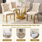 47.2 Inch Round Glass Dining Table Set for 4, Modern Round Dining Room Set with Gold Steel Base & 4 Upholstered Velvet Chairs, Space-Saving Circle Kitchen Table Set for Small Space, Beige