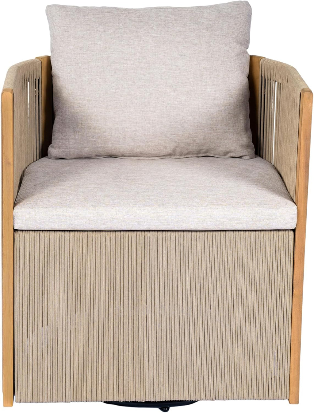 Christopher Knight Home Kato Outdoor Metal & Acacia Wood Frame Swivel Accent Chair with Removable Cushion, 360° Rotating Patio Armchair with Rope Accent, Outdoor Swivel Chair for Garden, Beige