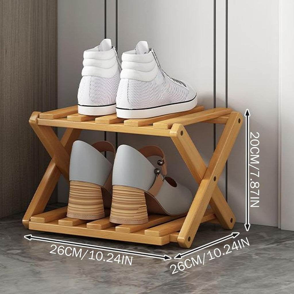 Bamboo Shoe Rack, 2 Tier Foldable Shoe Rack Extendable, Skinny Narrow Organizer for Entryway Closet, Khaki