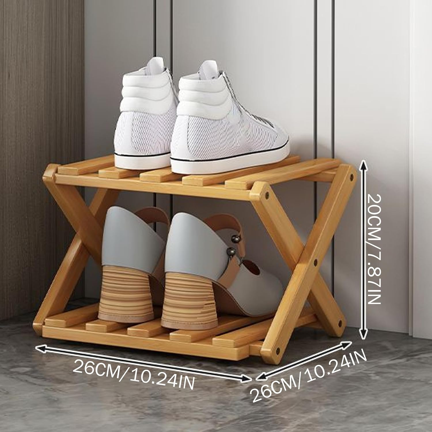Bamboo Shoe Rack, 2 Tier Foldable Shoe Rack Extendable, Skinny Narrow Organizer for Entryway Closet, Khaki