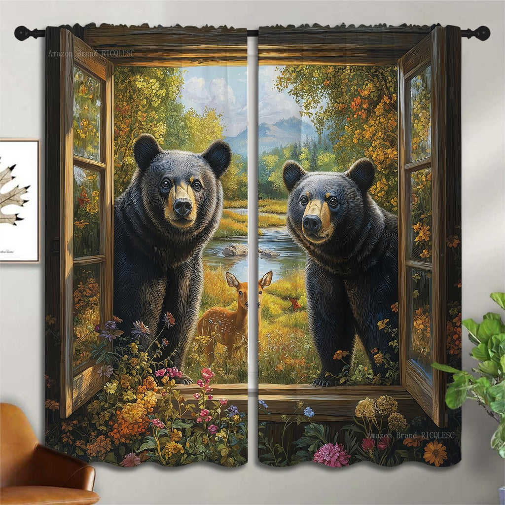 Black Bear Boy Girls Blackout Curtains, Country Farmhouse Hunting Cabin Animal Rustic Farm Nature Landscape, 2 Panel Rod Pocket Thermal Insulated Drapes for Bedroom Living Kids Room Deco 42x45 inch