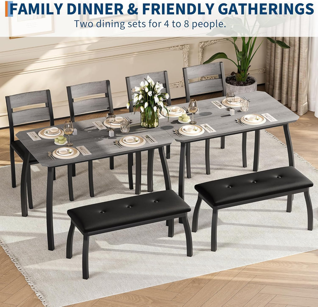 43" Dining Table Set for 4, Space Saving Kitchen Table with Upholstered Bench and 2 Chairs, Small Dining Table Set for 4, Modern Farmhouse Dinette Set for Small Dining Room, Gray