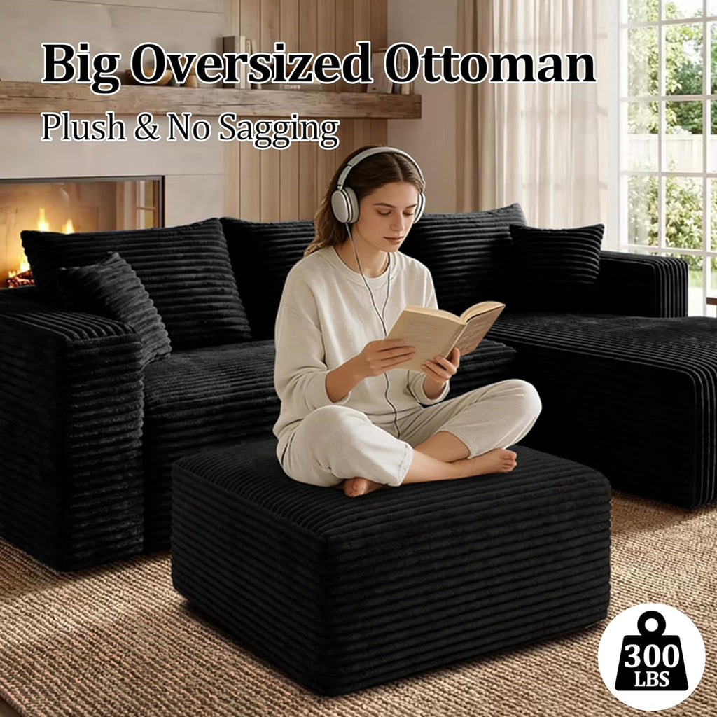 Corduroy Ottoman, Modern Boneless Cloud Foot Rest Foam Support, Oversized Modular Sectional Sofa Stool for Living Room, Bedroom & Small Spaces, No Assembly Required (Black, Ottoman)