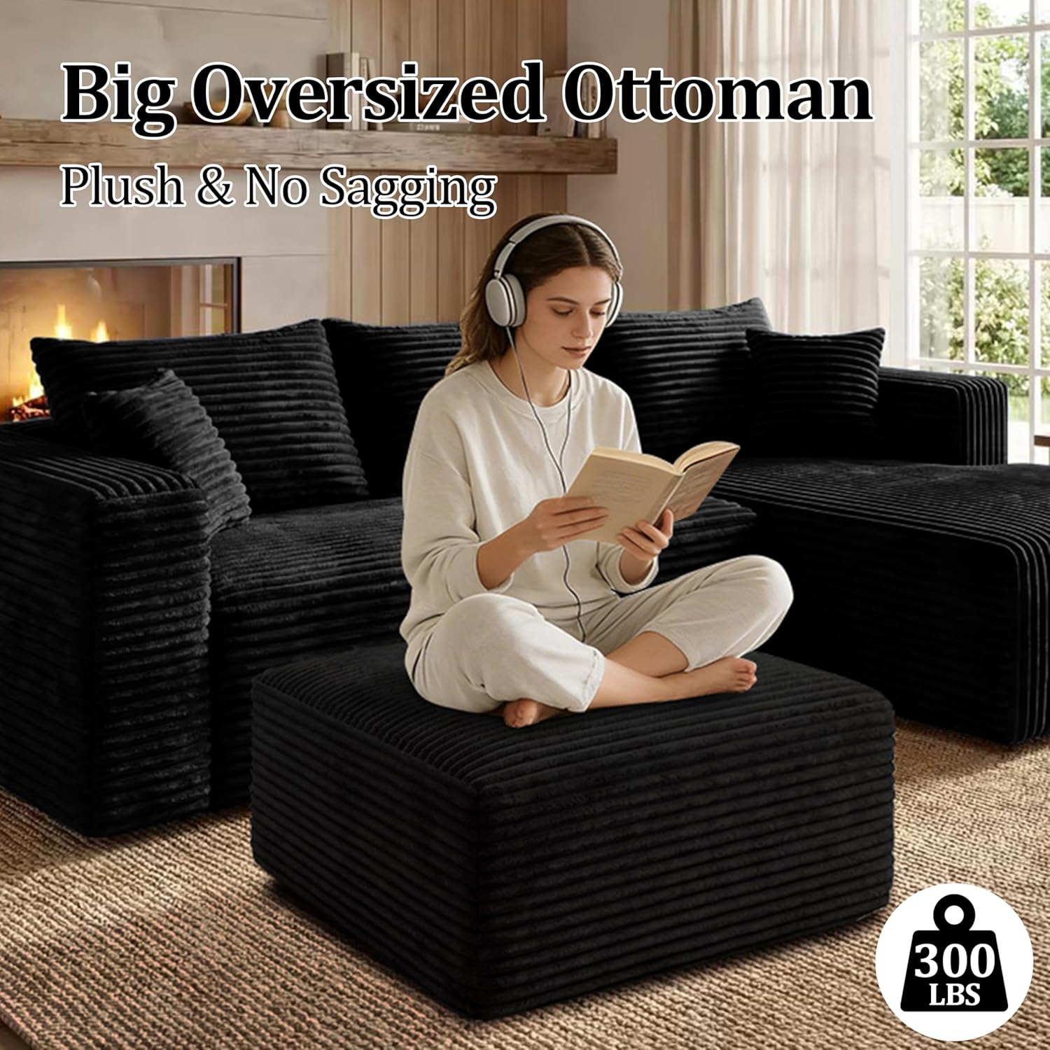 Corduroy Ottoman, Modern Boneless Cloud Foot Rest Foam Support, Oversized Modular Sectional Sofa Stool for Living Room, Bedroom & Small Spaces, No Assembly Required (Black, Ottoman)