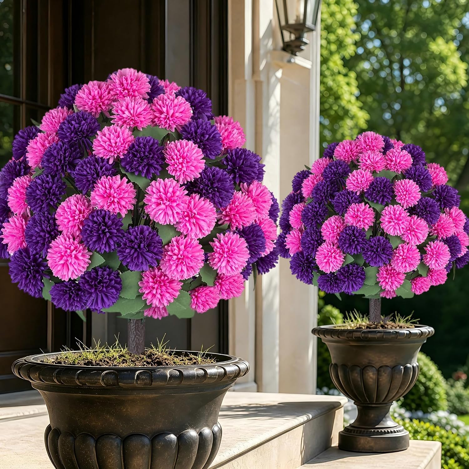 Fake Outdoor Flowers with Stakes - Set of 2 Pink Purple 33" H X 19.7" W Artificial Mums Topiary Flower Balls for Front Porch Planters Decor - Faux Silk Floral Bushes Plants for Outside Patio Yard