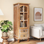 Tall Storage Cabinet with Glass Door & 2 Drawers — Vintage Wood Display Cabinet, Single Door Cabinet with Shelves, Wood Storage Cabinet for Living Room (Solid Wood Frame + MDF)