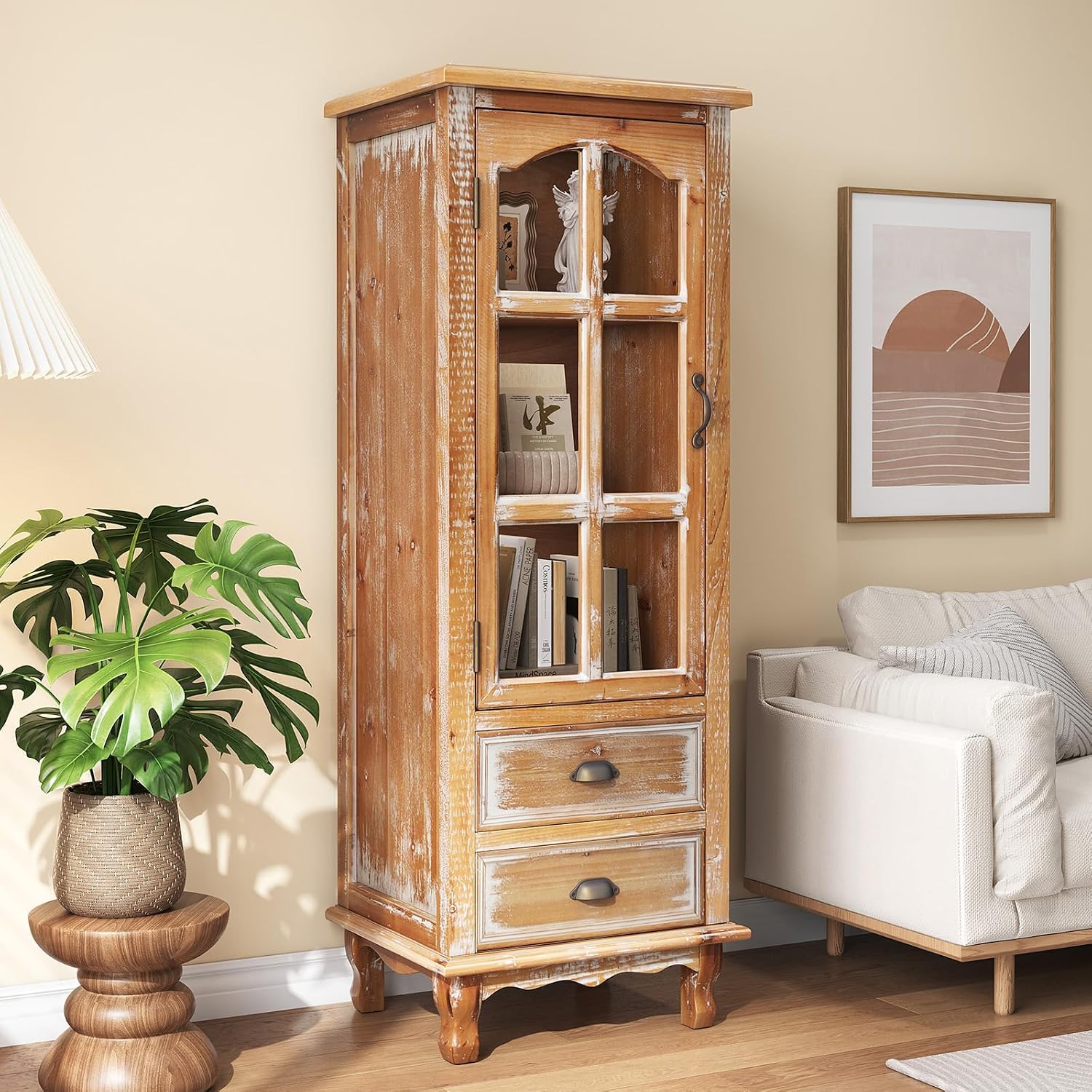 Tall Storage Cabinet with Glass Door & 2 Drawers — Vintage Wood Display Cabinet, Single Door Cabinet with Shelves, Wood Storage Cabinet for Living Room (Solid Wood Frame + MDF)