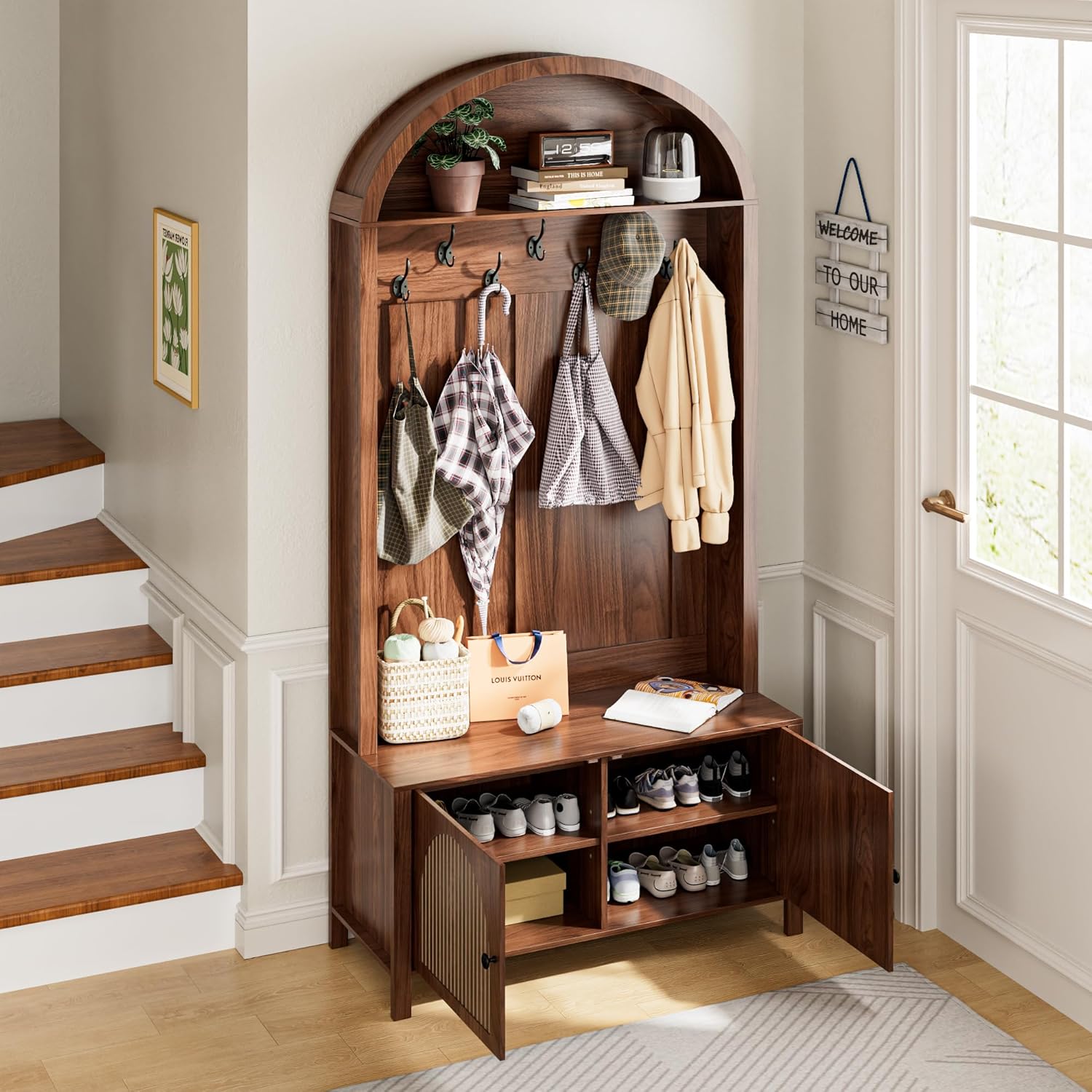 Hall Tree with Bench and Shoe Storage, Entryway Storage Bench with Coat Rack, 78.74" Coat Rack with 7 Hooks and Adjustable Shelves, Farmhouse Style Furniture Organizer for Hallway (Walnut, 78.74"H)
