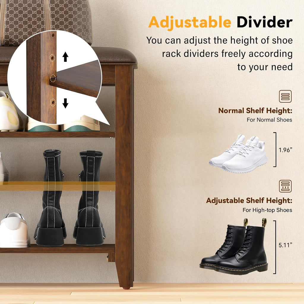 Shoe Rack Bench Entryway Storage with Leather Cushion, Shoe Organizer Bench for Entryway, Ideal for Front Doors Entrances Hallway Mudroom Featuring Rubberwood And 3 Height-Adjustable Removable Shelve