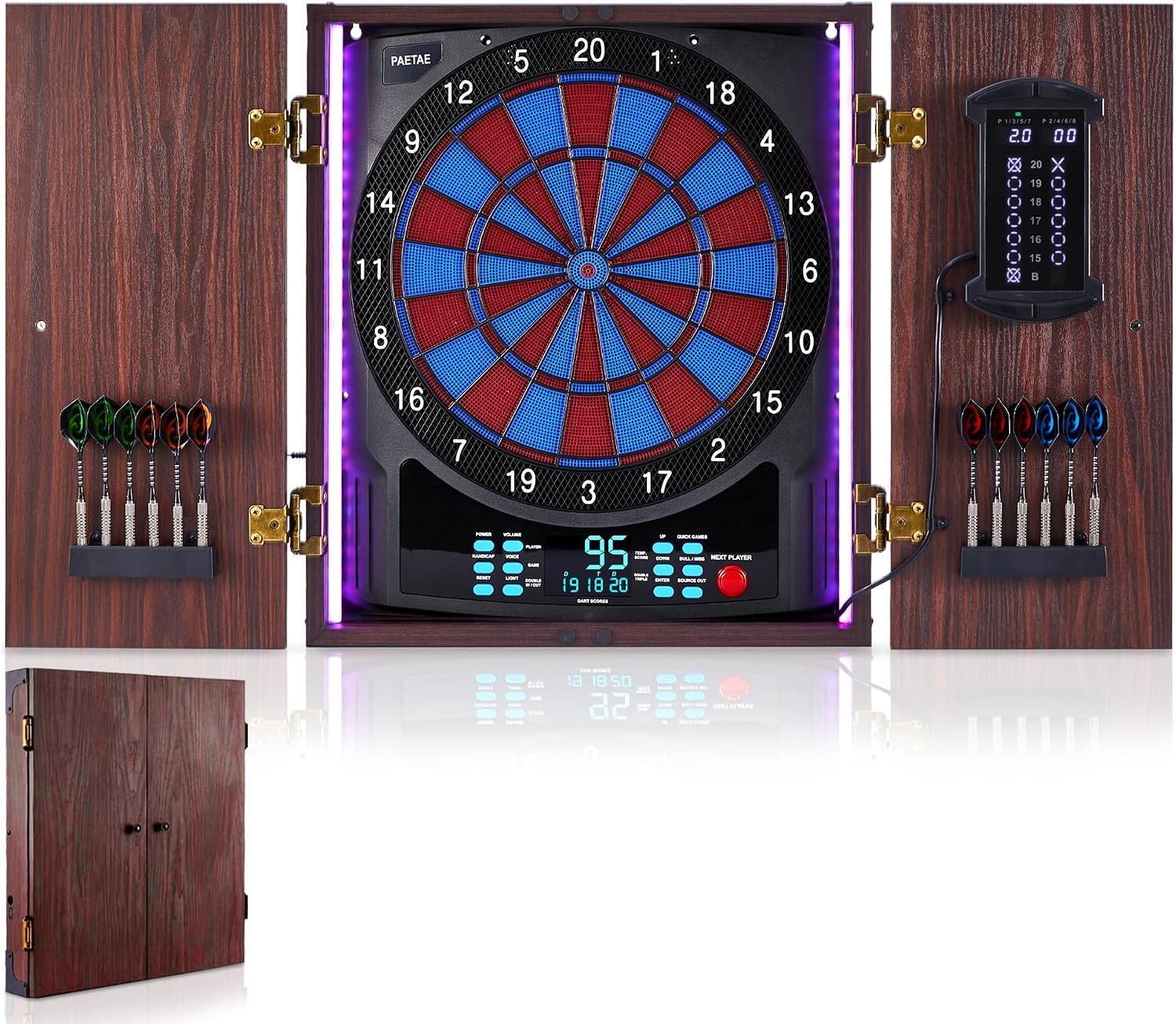 Electronic Dart Board with Cabinet Set, Electric Digital Dart Boards for Adults with Light Strips, Soft Tip Dartboard Cabinet Door with Large Cricket Display and Darts Storage for 12 Darts