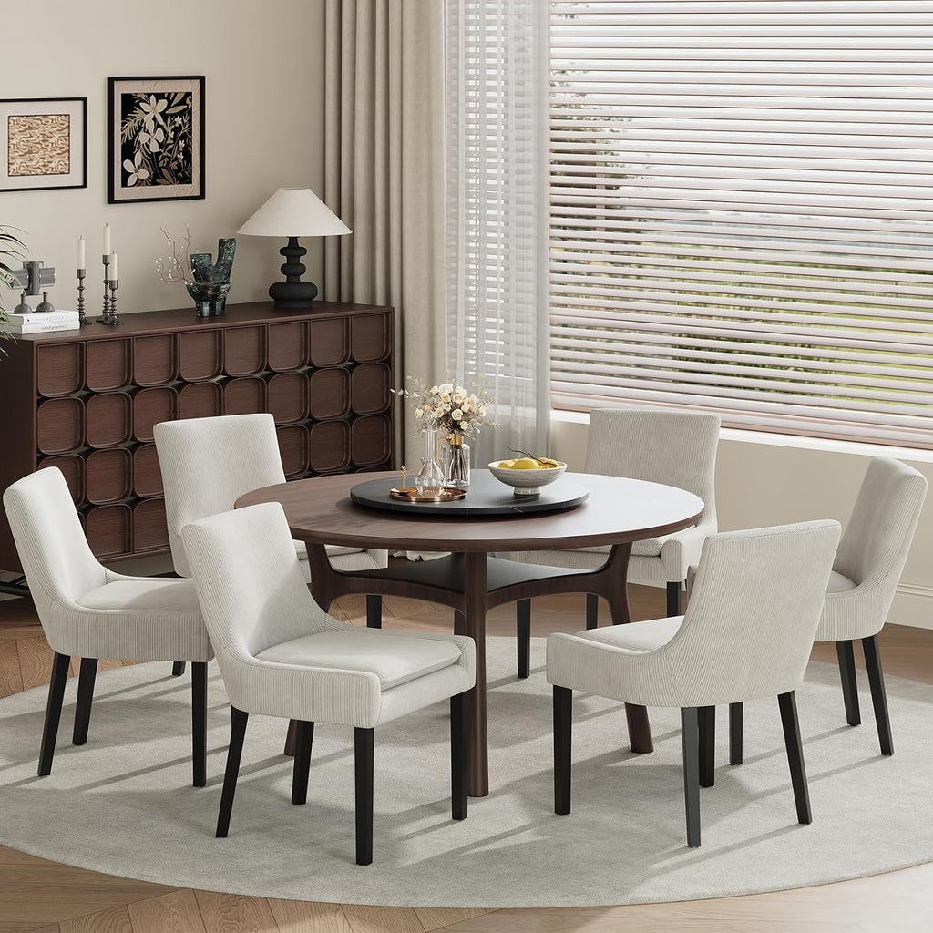 Modern Dining Room Chairs Set of 6 with Mid Back and Wood Legs, Upholstered Kitchen Chairs for Dining Room/Living Room, Beige