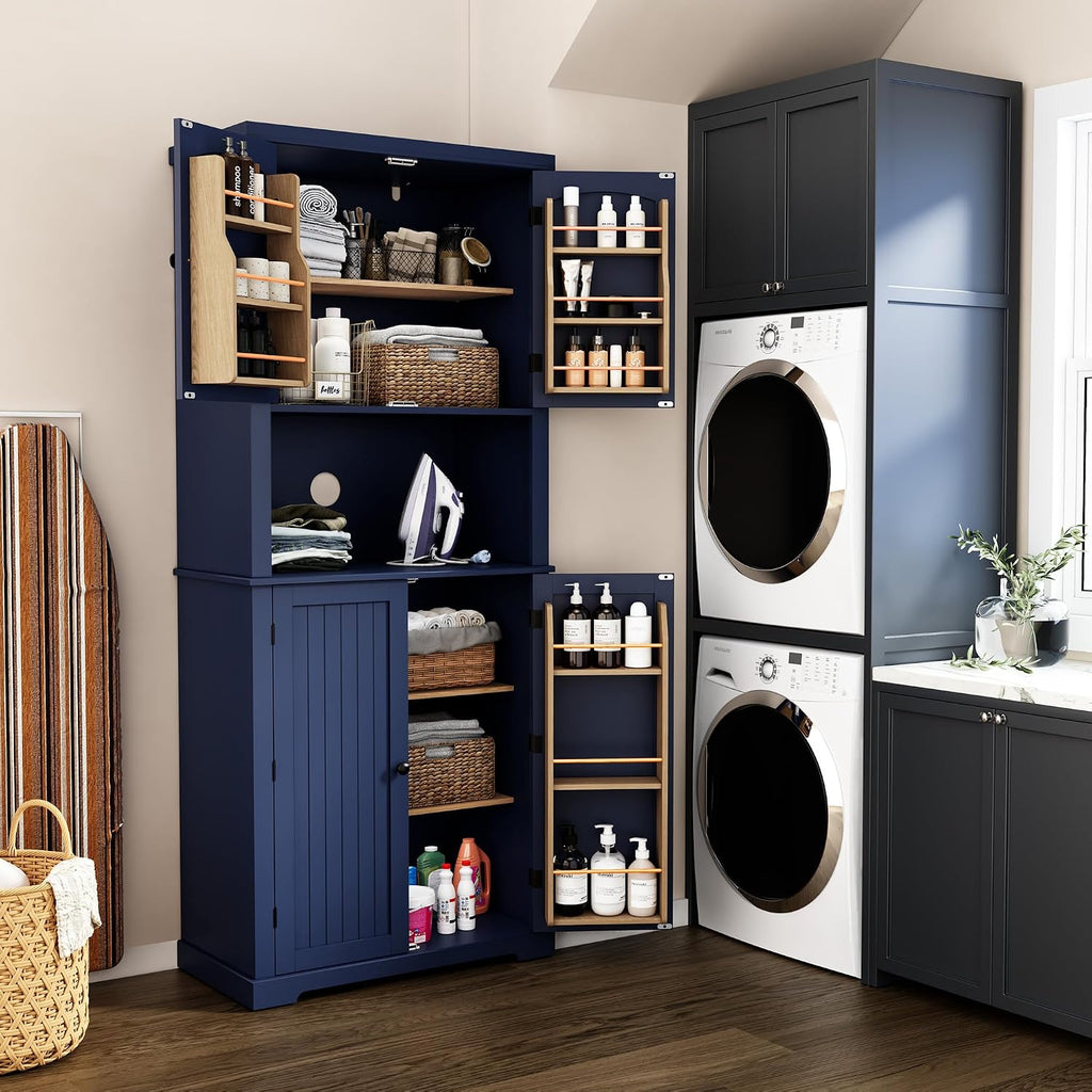 HLR 72" Kitchen Pantry Storage Cabinet with Open Countertop, Freestanding Larder Cupboard with Microwave Stand, Utility Laundry Room Storage Cabinet with Doors and Shelves for Dining Room, Living Room