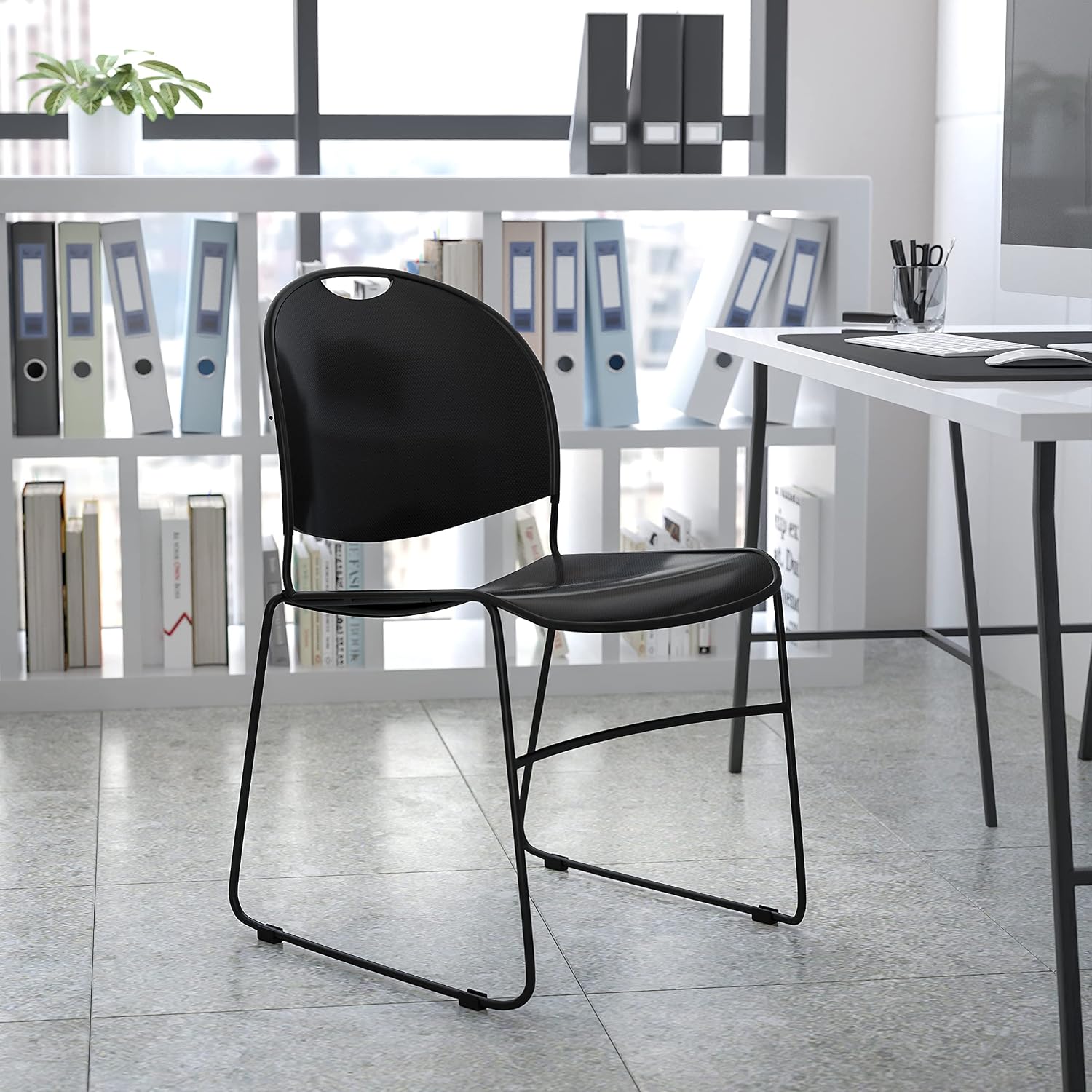EMMA + OLIVER Black Ultra-Compact School Stack Chair - Office Guest Chair/Student Chair