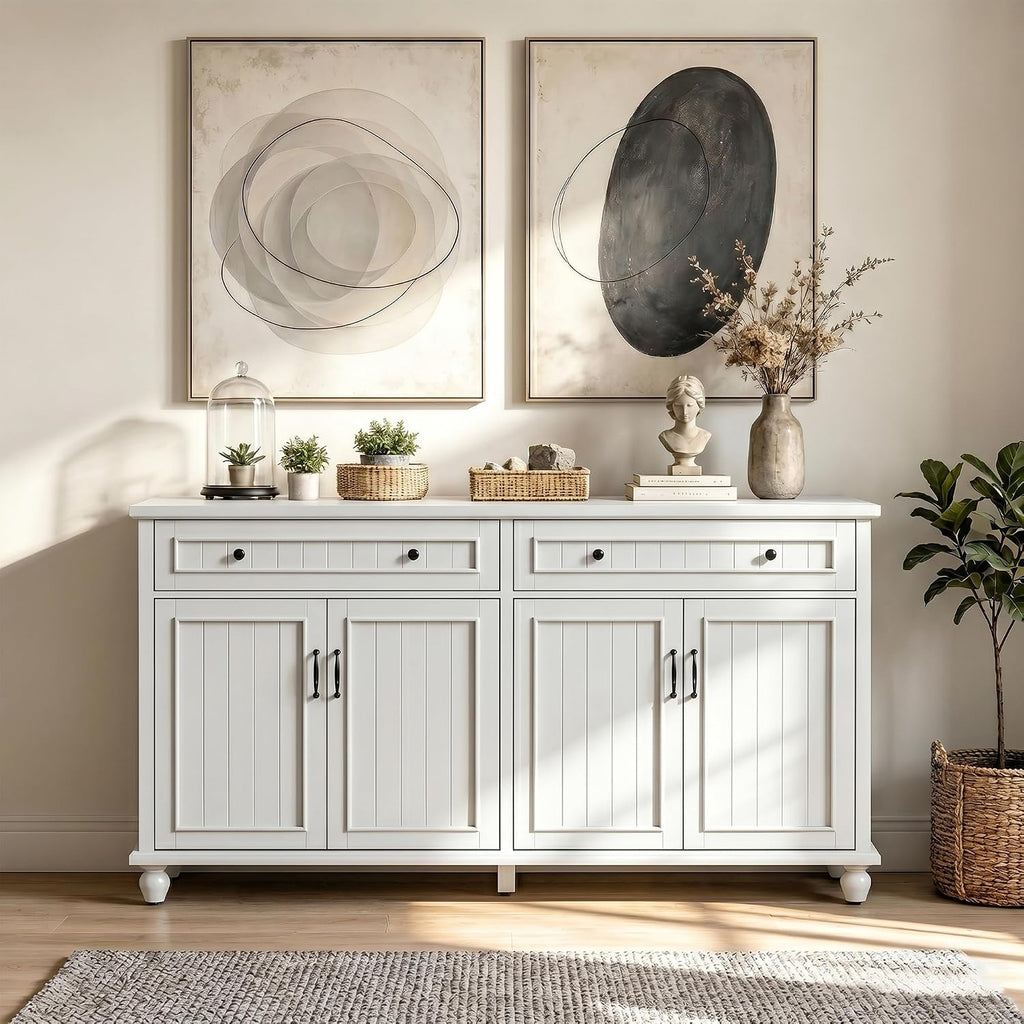 Scurrty Sideboard Buffet Cabinet, 62'' Large Storage Cabinet with Drawers and 4 Doors, Vintage Coffee Bar Cabinets with Adjustable Shelf for Kitchen, Living Room, White