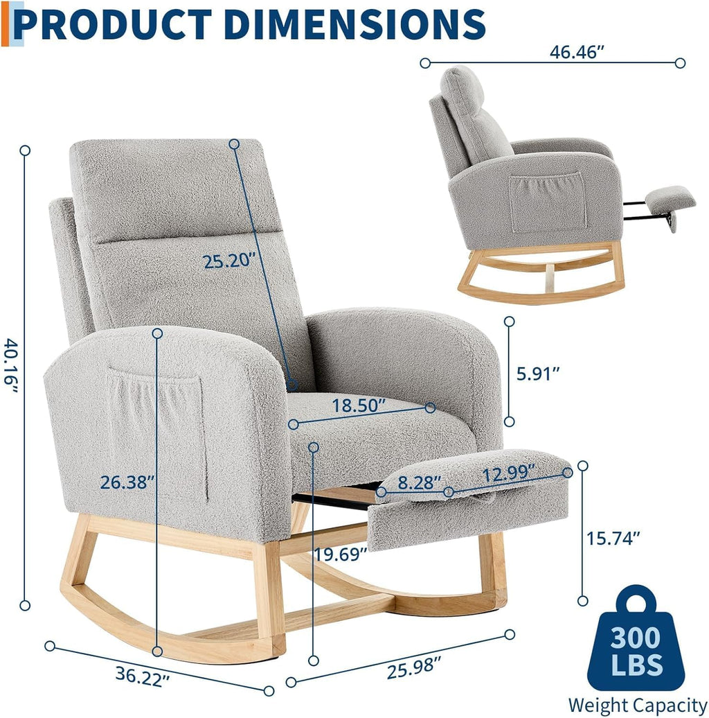 Modern Nursery Rocking Chair with Footrest,Teddy Upholstered Rocking Chair Comfortable Rocker Recliner with Side Pocket,Rocker Glider for Nursery,Grey