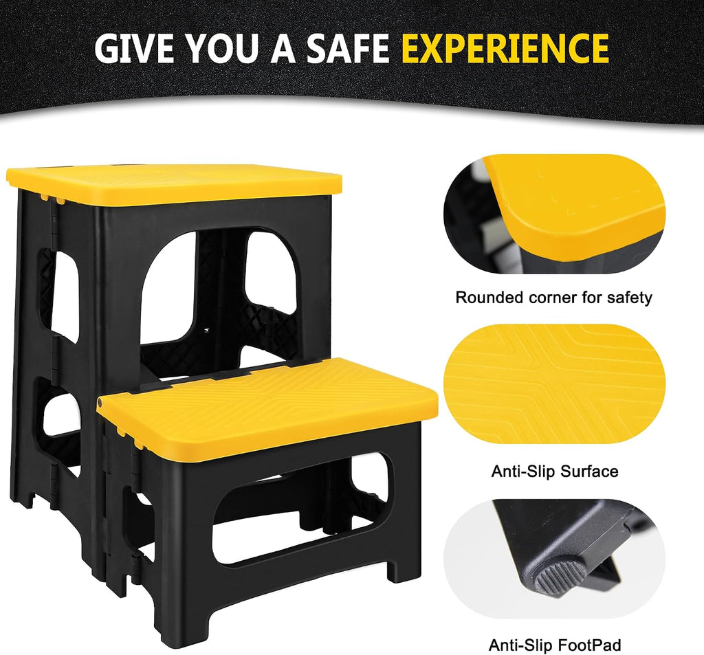 2 Step Folding Stool 250 lb Capacity Non Slip Foldable Step Stool 8 and 17 Inch Heavy Duty Portable Foot Stool for Kitchen Bathroom RV Yellow