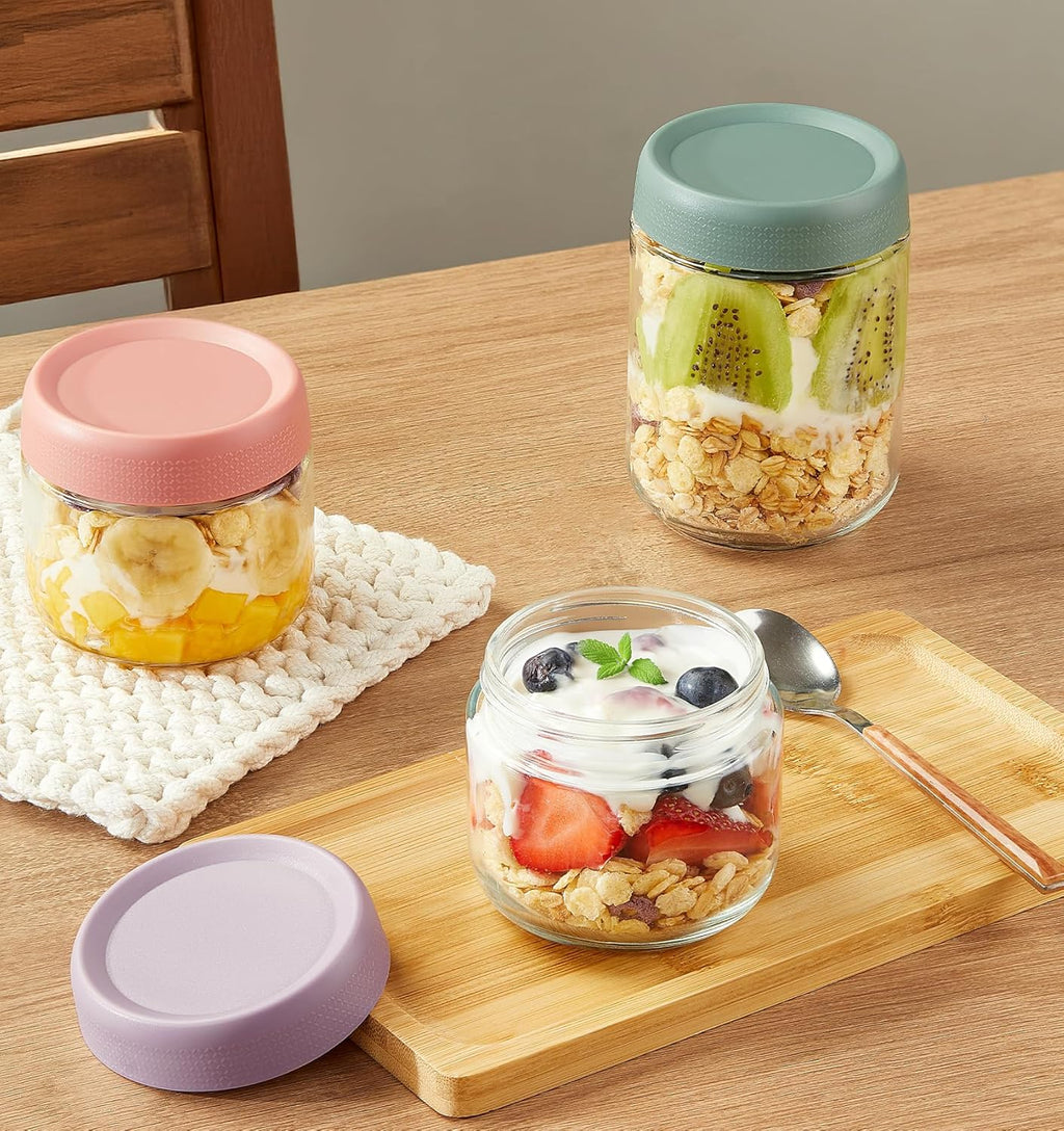 6 Pack Overnight Oats Containers with Lids, Wide Mouth Mason Salad jars 16oz, Glass Jar with Airtight Lids, Salad Meal Prep Jars for Food Storage, Overnight Oats Jars for Milk, Fruit
