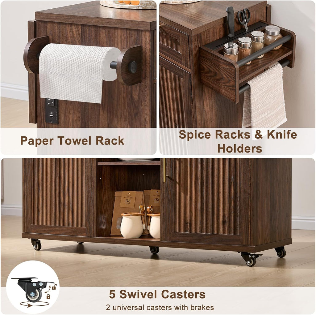 Okvnbjk 57" Rolling Kitchen Island with Storage & Drop Leaf, Walnut | Mobile Island with Trash Can Storage Cabinet, Power Outlet, Large Island Cart on Wheels with Spice & Towel Rack, Knife Holder