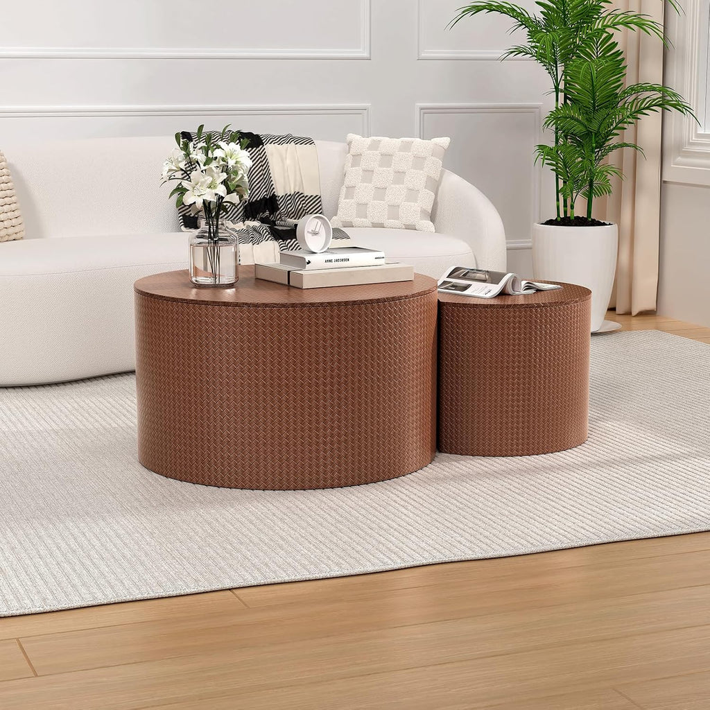 Round Coffee Table Set of 2 Modern Nesting Coffee Tables Drum Coffee Tables with Non-Slip Feet, Circle Nesting Tables End Table for Living Room Office, No Assembly (Brown 26.8"+18.3")