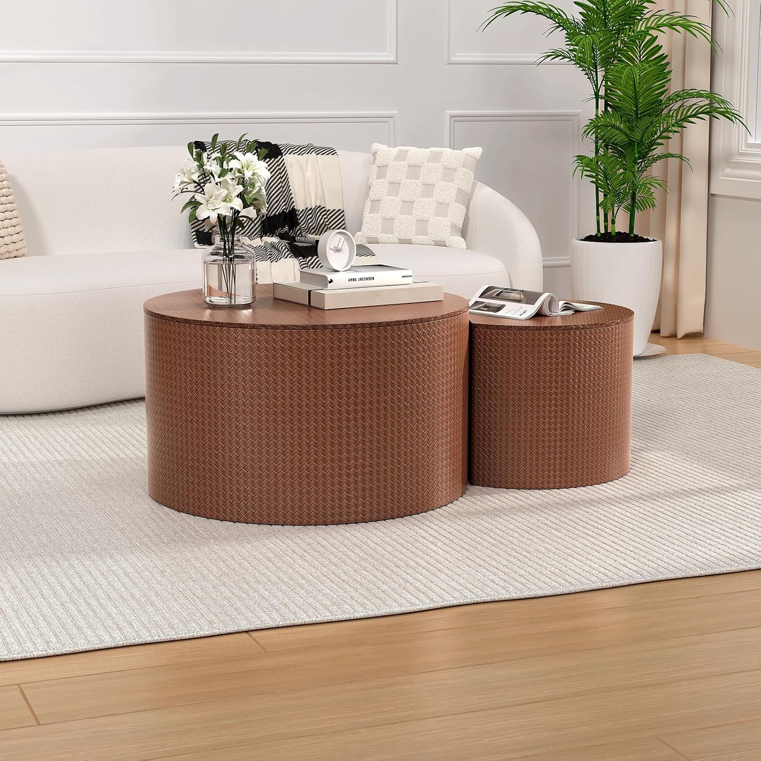 Round Coffee Table Set of 2 Modern Nesting Coffee Tables Drum Coffee Tables with Non-Slip Feet, Circle Nesting Tables End Table for Living Room Office, No Assembly (Brown 26.8"+18.3")