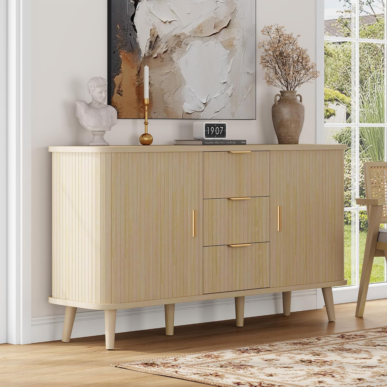 Lulive Natrual Buffet Cabinet, 55" Wide Sideboard Buffet Storage Cabinet with Rolling & Sliding Doors, Modern Bar Cabinet for Kitchen & Dining Room
