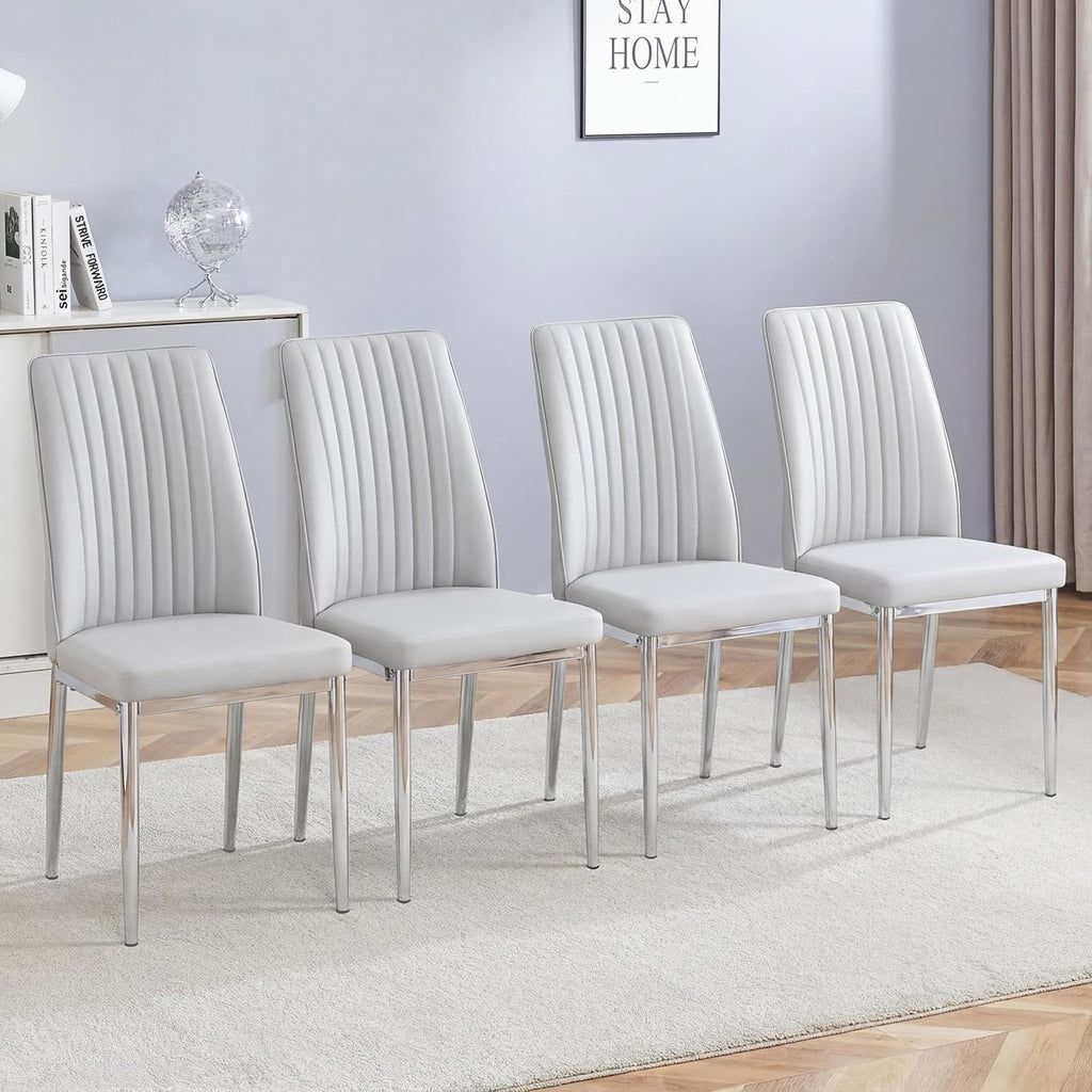 Dining Chairs Set of 4,Sillas de Comedor Modernas 4,Leather Upholstered Kitchen Chairs with Chrome Metal Legs,Modern Dining Room Chairs ,Easy-Clean Chairs for Dining Room, Apartment (Light Gray,4)