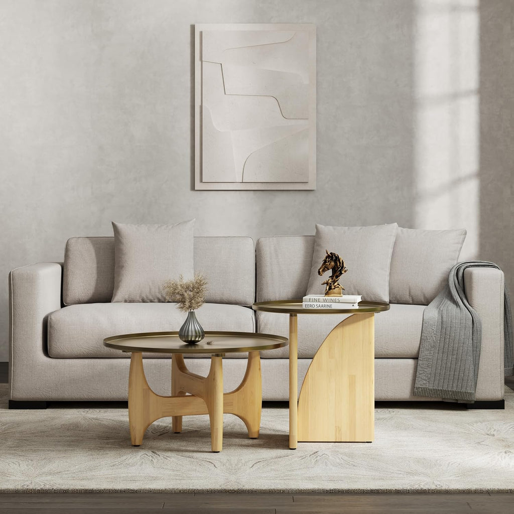 AUZ Round End Table with Brushed Gold Top, Small Wood Side Table for Living Room, Mid Century Accent Table, Natural Wood Base, Space-Saving Nightstand