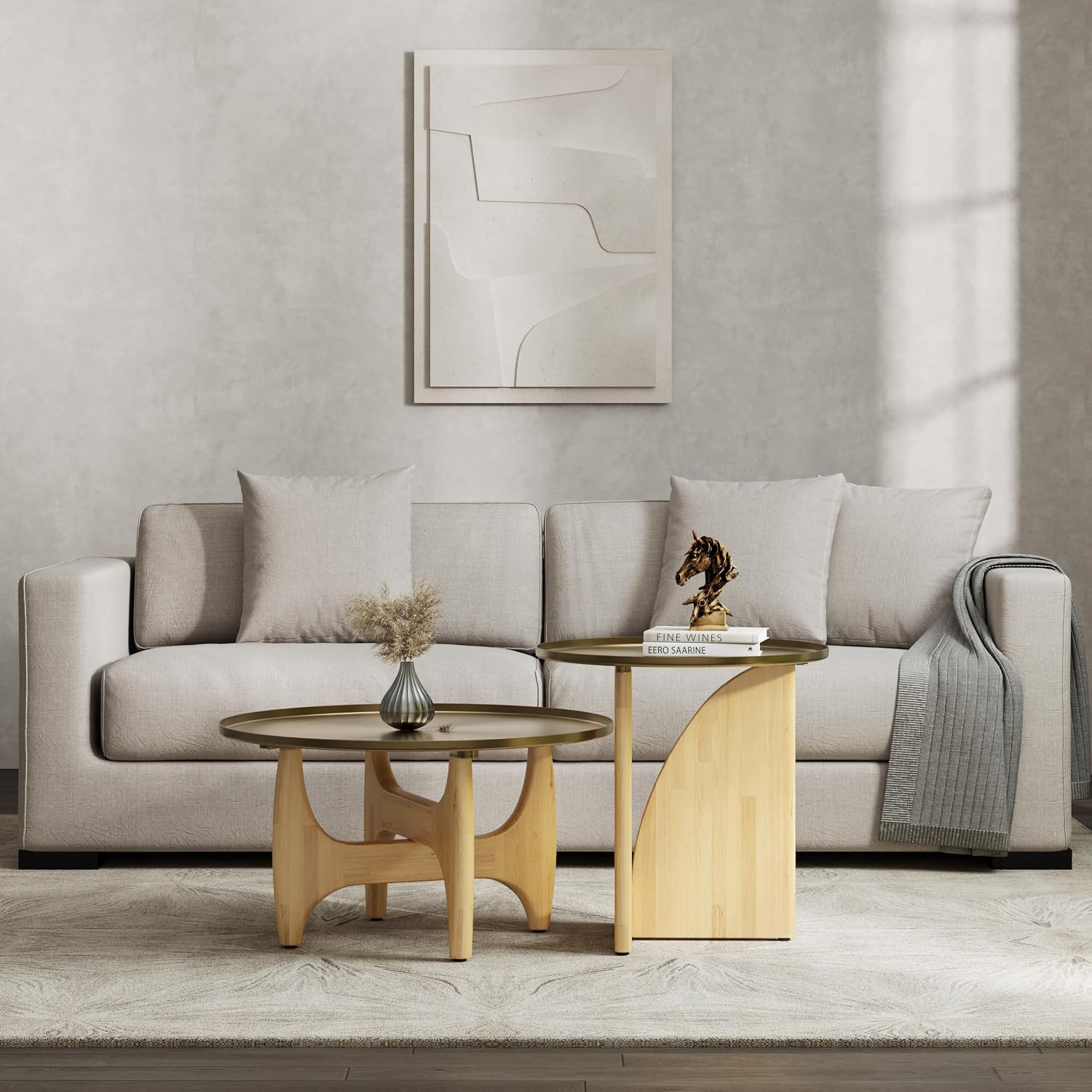 AUZ Round End Table with Brushed Gold Top, Small Wood Side Table for Living Room, Mid Century Accent Table, Natural Wood Base, Space-Saving Nightstand
