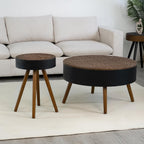 Round Wooden End Table with Retro Carved Brown Top & Black Wood Support Legs, Vintage 15.7" Small Circle Sofa Side Table for Living Room Bedroom (Brown, 4 Legs Support)