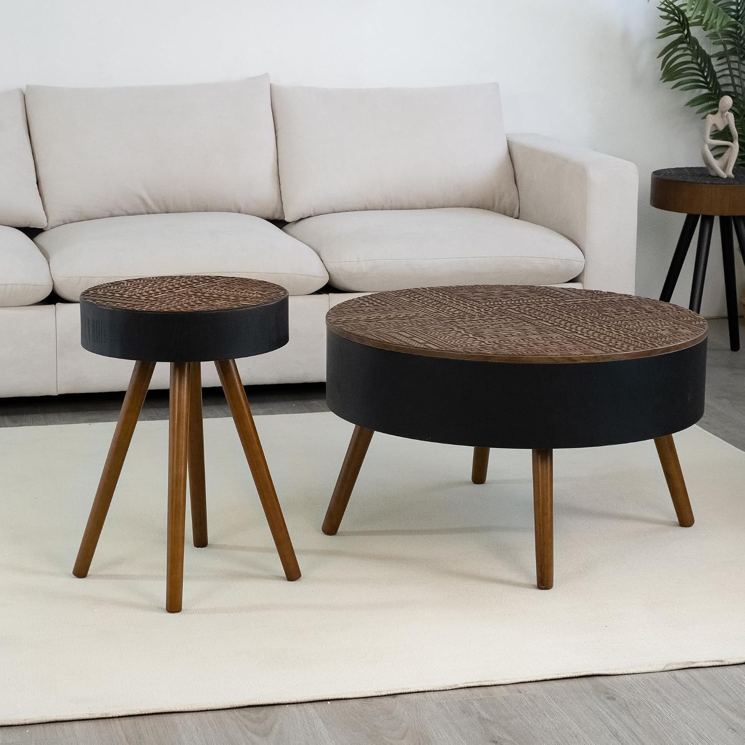 Round Wooden End Table with Retro Carved Brown Top & Black Wood Support Legs, Vintage 15.7" Small Circle Sofa Side Table for Living Room Bedroom (Brown, 4 Legs Support)