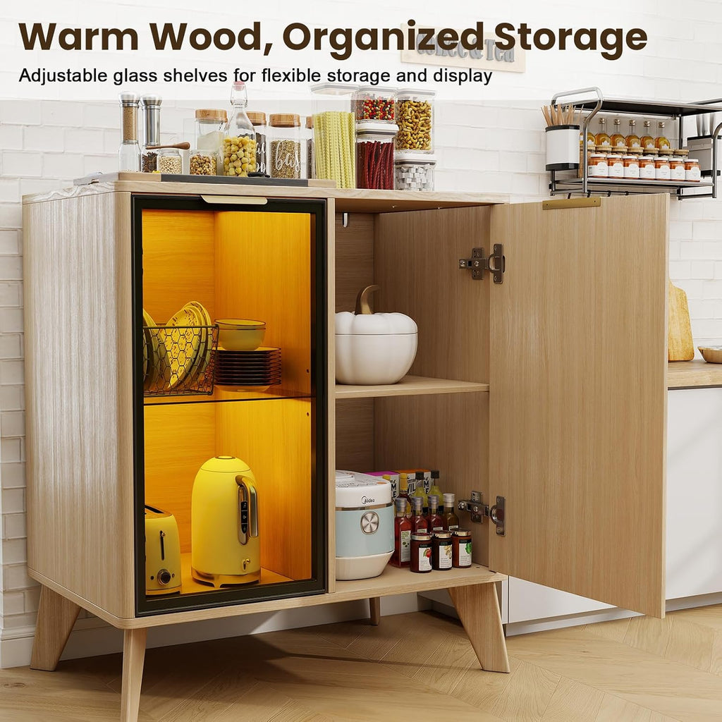 Fluted Buffet Cabinet with Storage, Small Coffee bar Cabinet with Adjustable Shelf for Kitchen, Wood Buffet Cabinet Sideborad with Glass Door, Buffet Storage Cabinets for Living Room