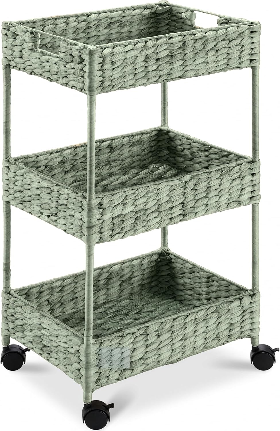 Best Choice Products 3-Tier Water Hyacinth Rolling Nursery Caddy w/Wheels, Utility Cart, Storage Organization for Bathroom, Craft Room, Laundry Room - Sage