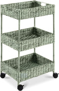 Best Choice Products 3-Tier Water Hyacinth Rolling Nursery Caddy w/Wheels, Utility Cart, Storage Organization for Bathroom, Craft Room, Laundry Room - Sage